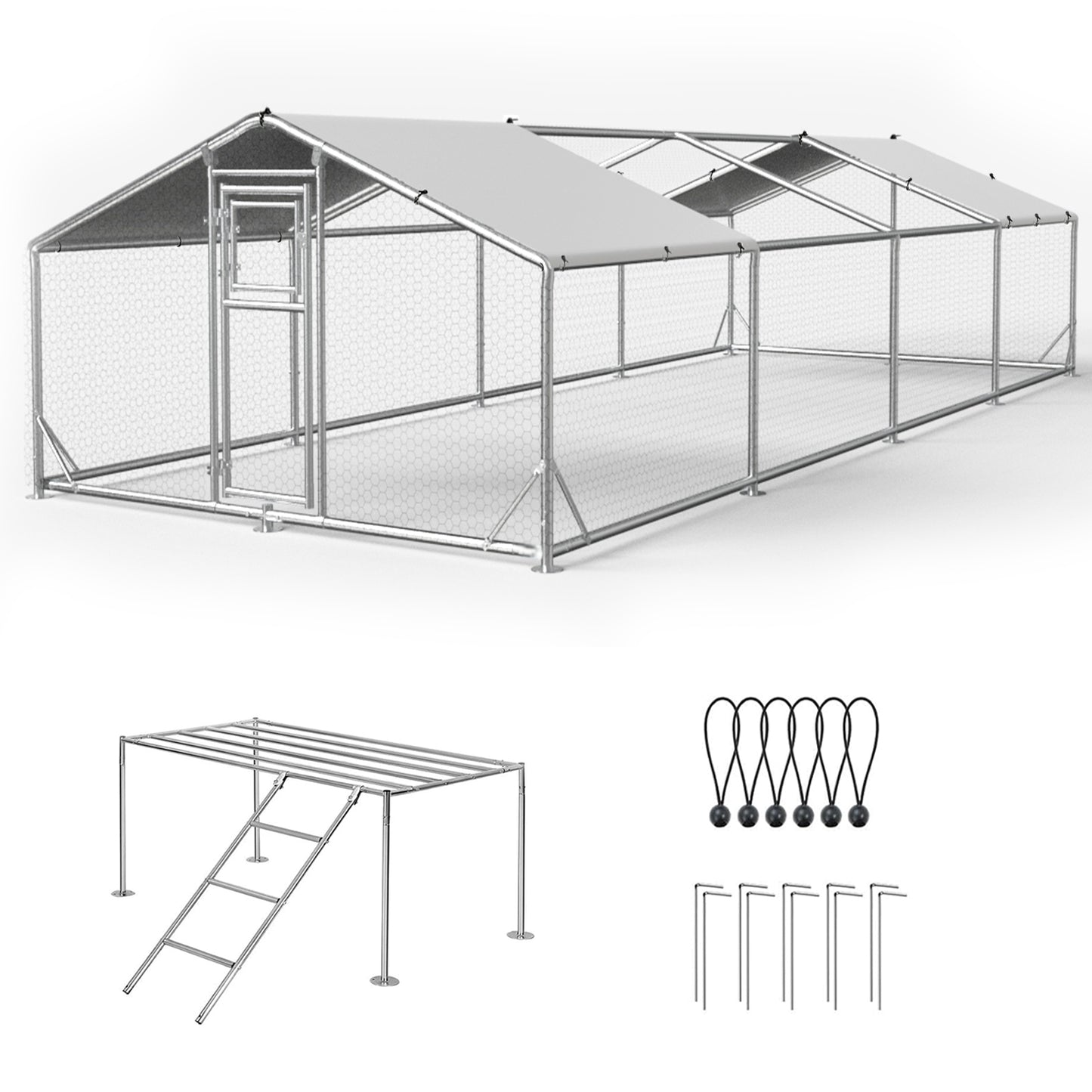 Metal Chicken Coop with Waterproof Cover, Large Walk-in Poultry Run for Backyard, Reinforced Frame with Perch Ladder for Chickens, Ducks & Small Pets, 9.8x26.2x6.4FT