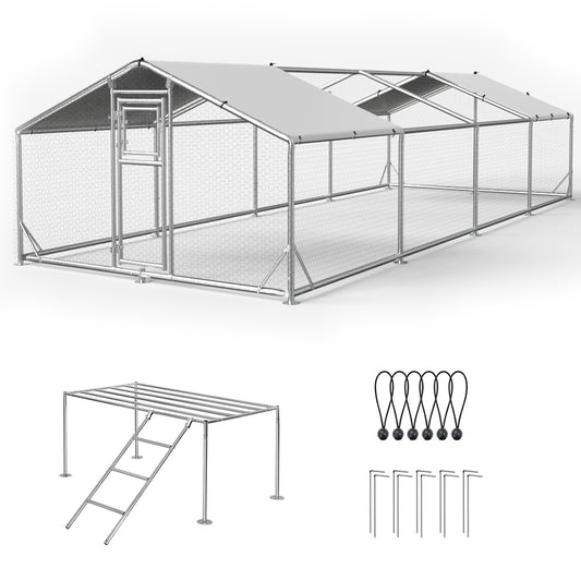 Metal Chicken Coop with Waterproof Cover, Large Walk-in Poultry Run for Backyard, Reinforced Frame with Perch Ladder for Chickens, Ducks & Small Pets, 9.8x26.2x6.4FT