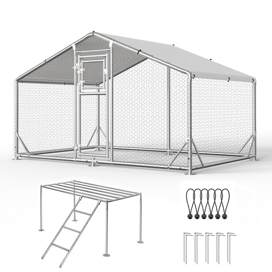 Metal Chicken Coop with Waterproof Cover, Large Walk-in Poultry Run for Backyard, Reinforced Frame with Perch Ladder for Chickens, Ducks & Small Pets, 9.8x6.5x6.4FT