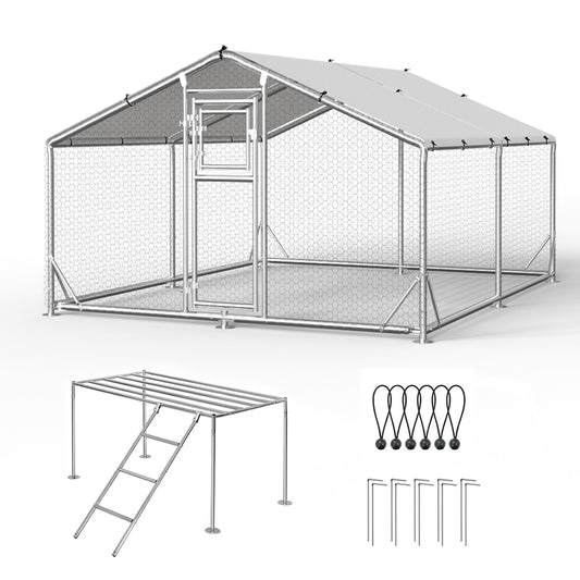 Metal Chicken Coop with Waterproof Cover, Large Walk-in Chicken Run for Backyard, Reinforced Frame Poultry Pen with Platform Ladder for Chickens, Ducks & Small Pets, 9.8x13.1x6.4FT
