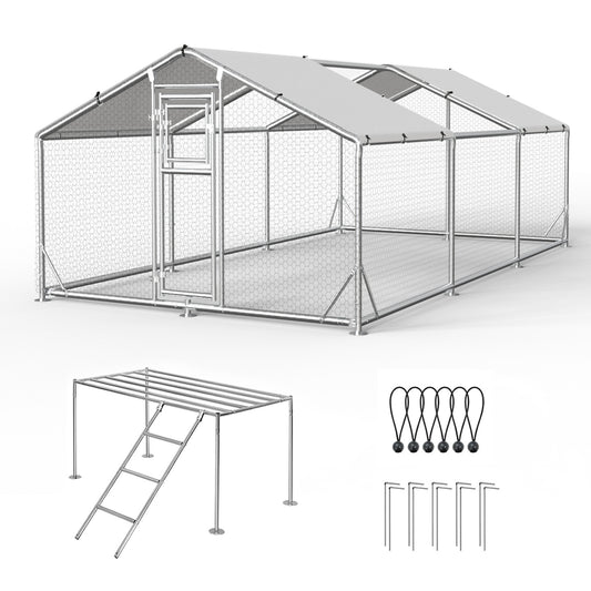 Metal Chicken Coop with Waterproof Cover, Large Metal Chicken Coop with Platform Ladder, Outdoor Chicken Run with Waterproof & UV-Resistant Cover, Reinforced Frame Pen for Chickens, Ducks & Small Pets, 9.8x19.7x6.4FT