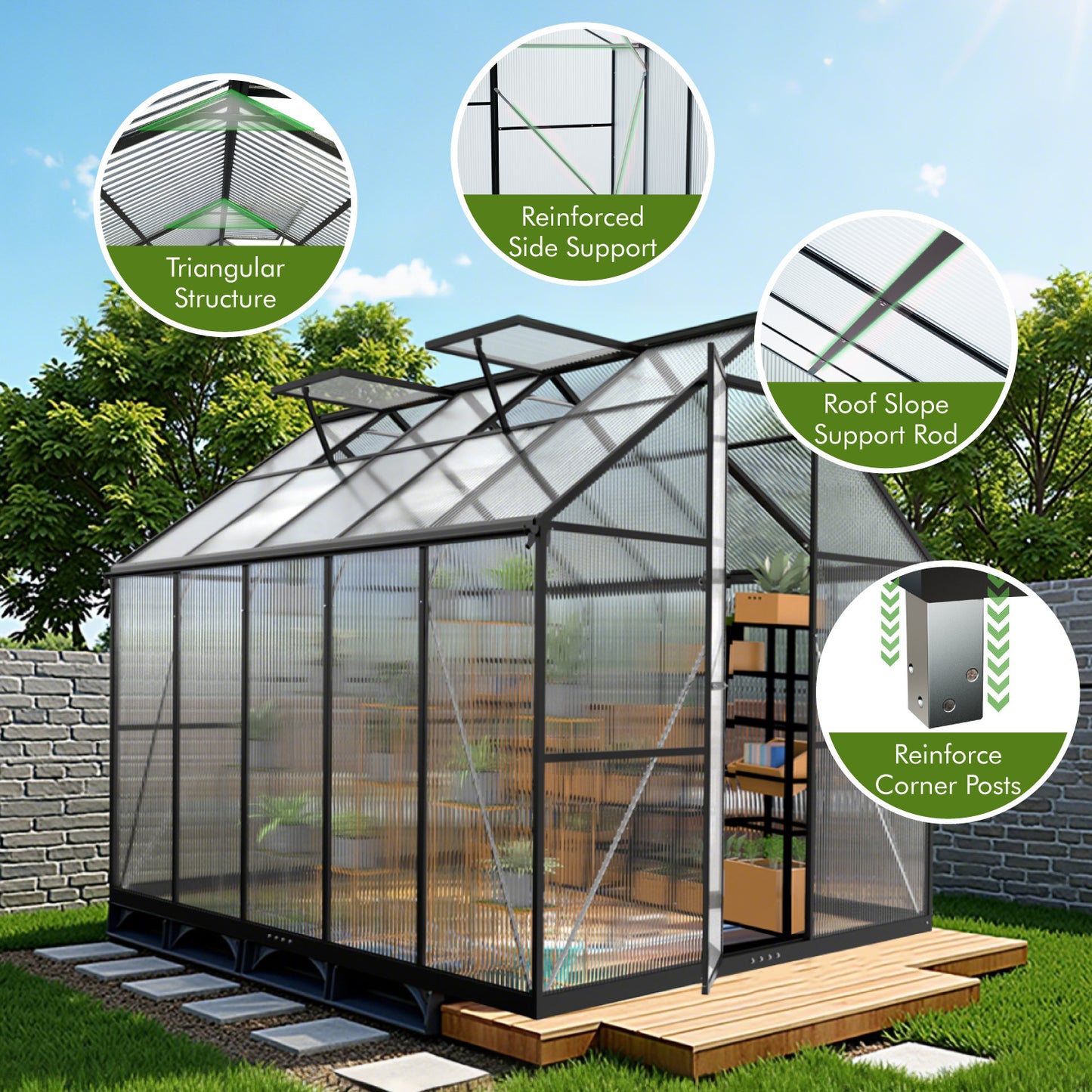 8×10FT Green Houses for Outside, Large Walk-in Greenhouse for Outdoors and Winter Garden Planting, Enhanced Aluminum Greenhouse Kit Withstands Strong Wind or Heavy Snow to Protect Vegetable or Plants