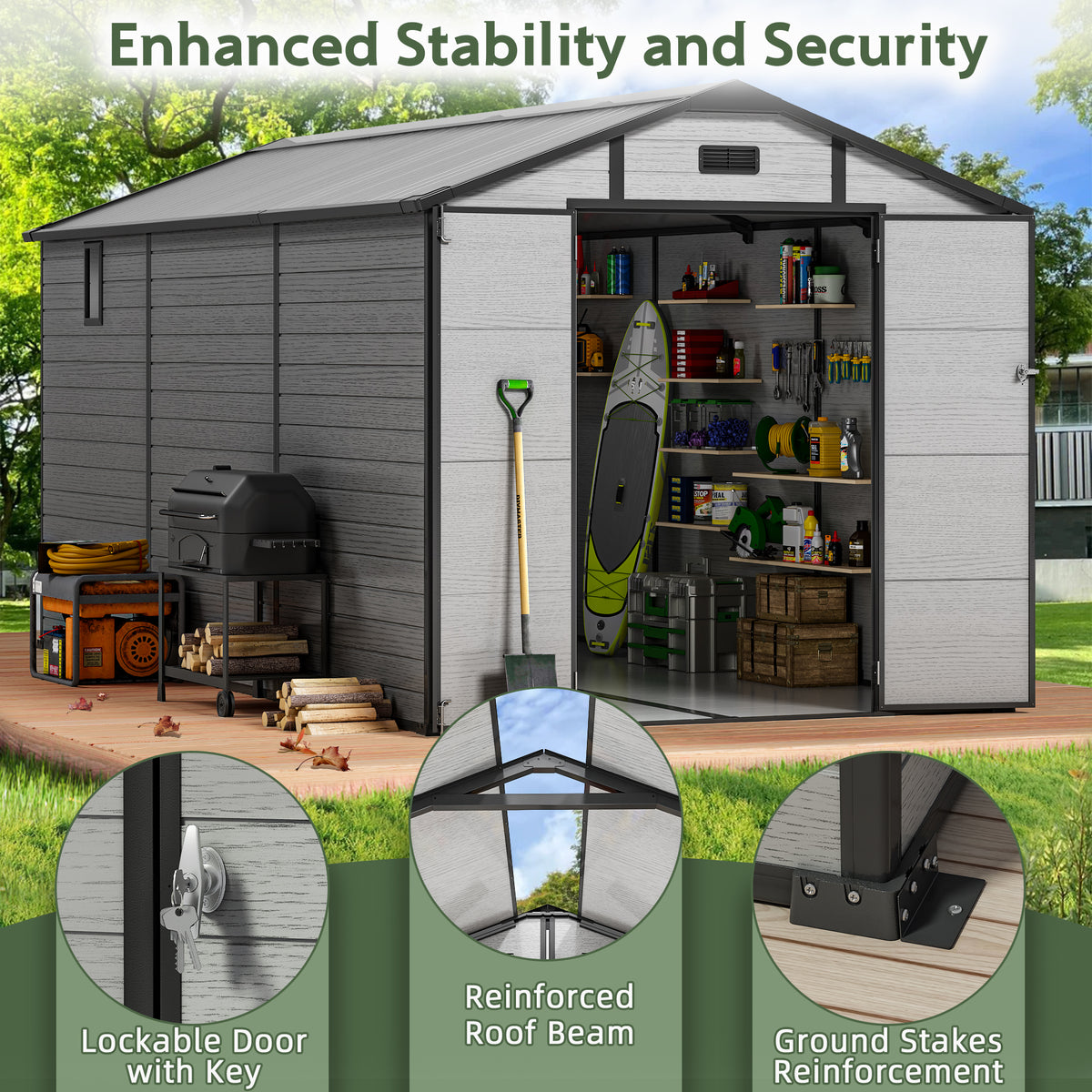 Sylviera 8x14FT Resin Shed with Floor, Weather-Resistant Plastic Garden Shed for Backyard, Waterproof UV-Proof Outdoor Storage Shed for Tools, Bikes & Equipment