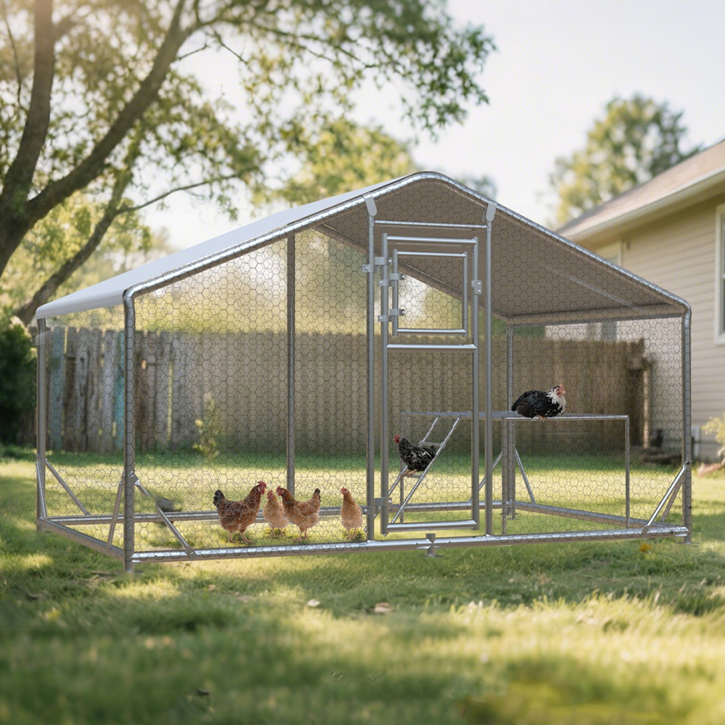 Metal Chicken Coop with Waterproof Cover, Large Walk-in Poultry Run for Backyard, Reinforced Frame with Perch Ladder for Chickens, Ducks & Small Pets, 9.8x6.5x6.4FT