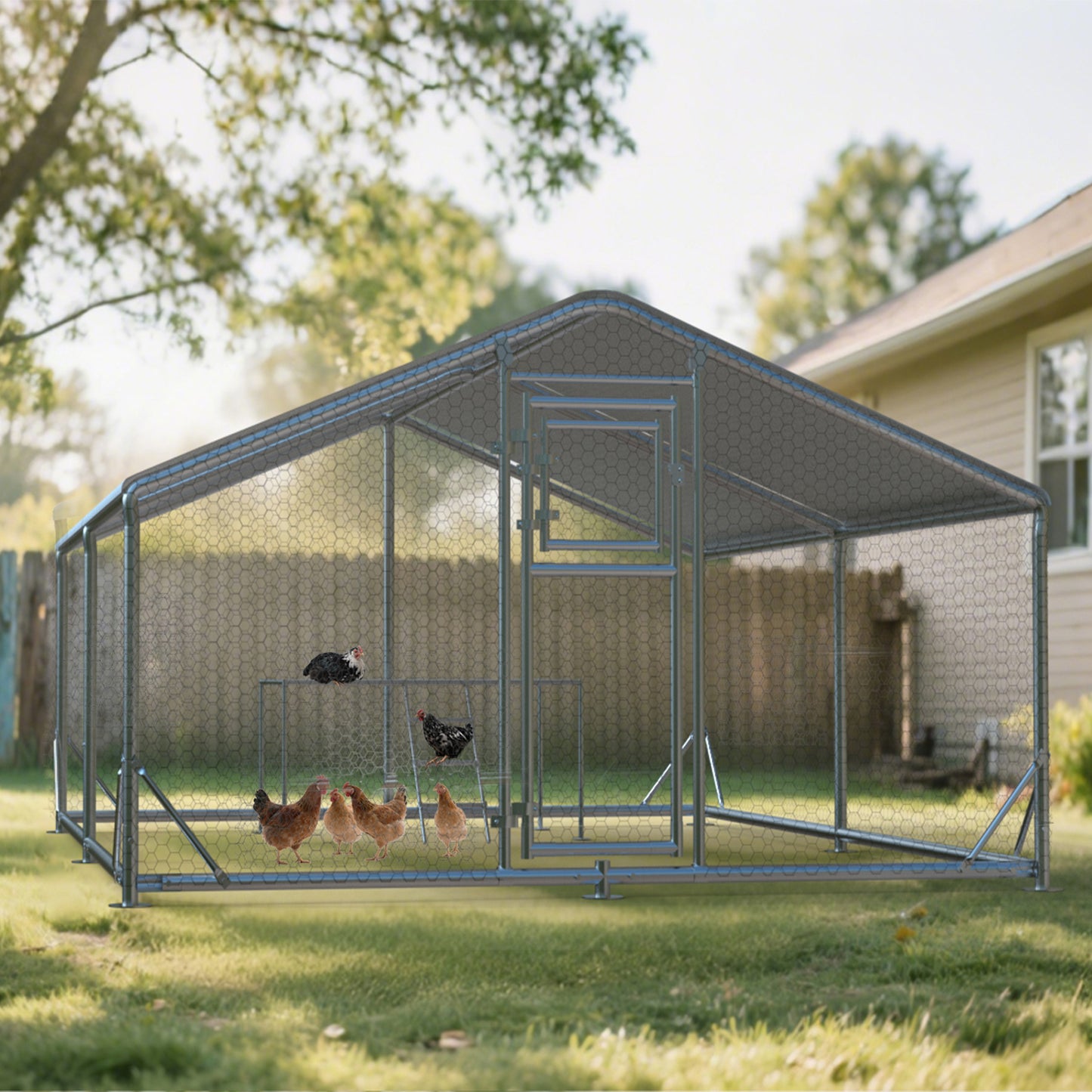 Metal Chicken Coop with Waterproof Cover, Large Walk-in Chicken Run for Backyard, Reinforced Frame Poultry Pen with Platform Ladder for Chickens, Ducks & Small Pets, 9.8x13.1x6.4FT