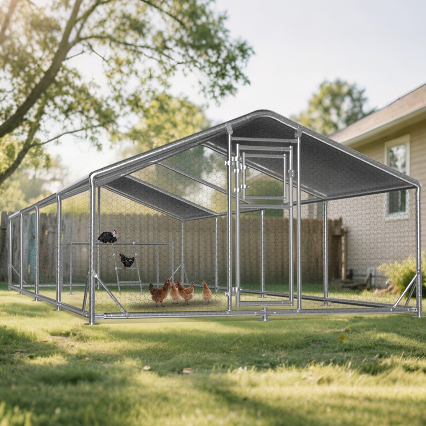 Metal Chicken Coop with Waterproof Cover, Large Walk-in Poultry Run for Backyard, Reinforced Frame with Perch Ladder for Chickens, Ducks & Small Pets, 9.8x26.2x6.4FT