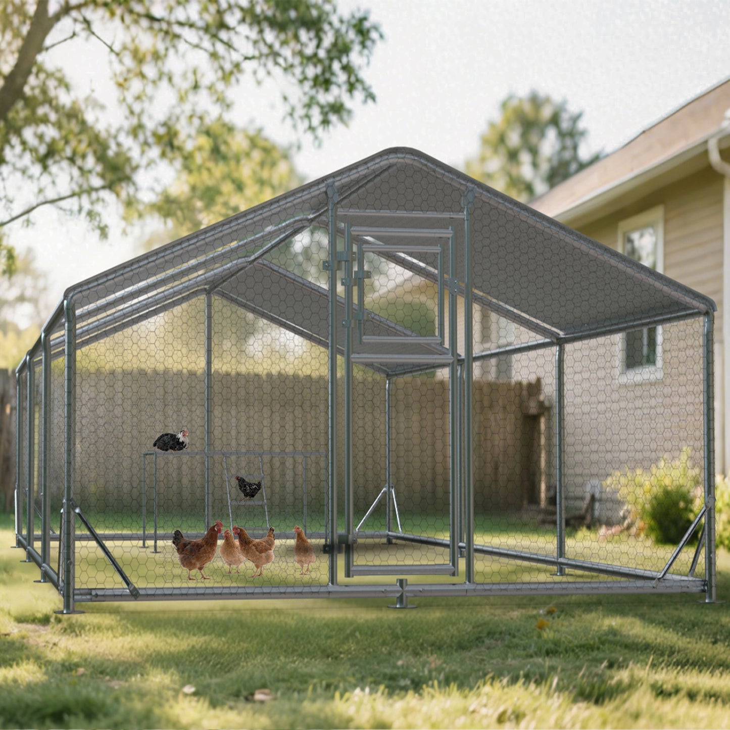 Metal Chicken Coop with Waterproof Cover, Large Metal Chicken Coop with Platform Ladder, Outdoor Chicken Run with Waterproof & UV-Resistant Cover, Reinforced Frame Pen for Chickens, Ducks & Small Pets, 9.8x19.7x6.4FT