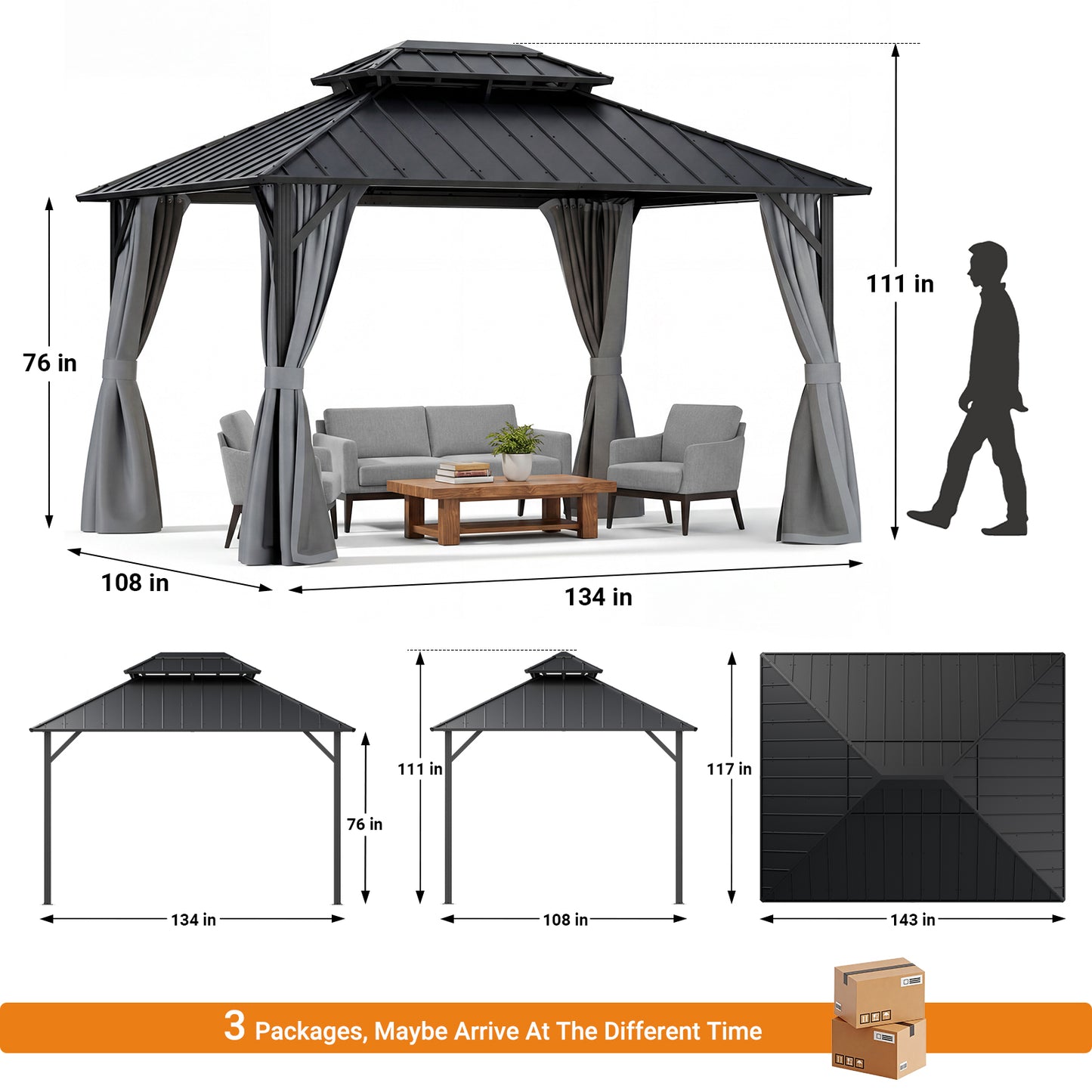 Sylviera 10' x 12' Hardtop Gazebo, Steel Shingle Double-Layer Roof, Iron Frame, with Curtains and Screen, Canopy Shelter Suitable for Patios, Gardens and Backyards