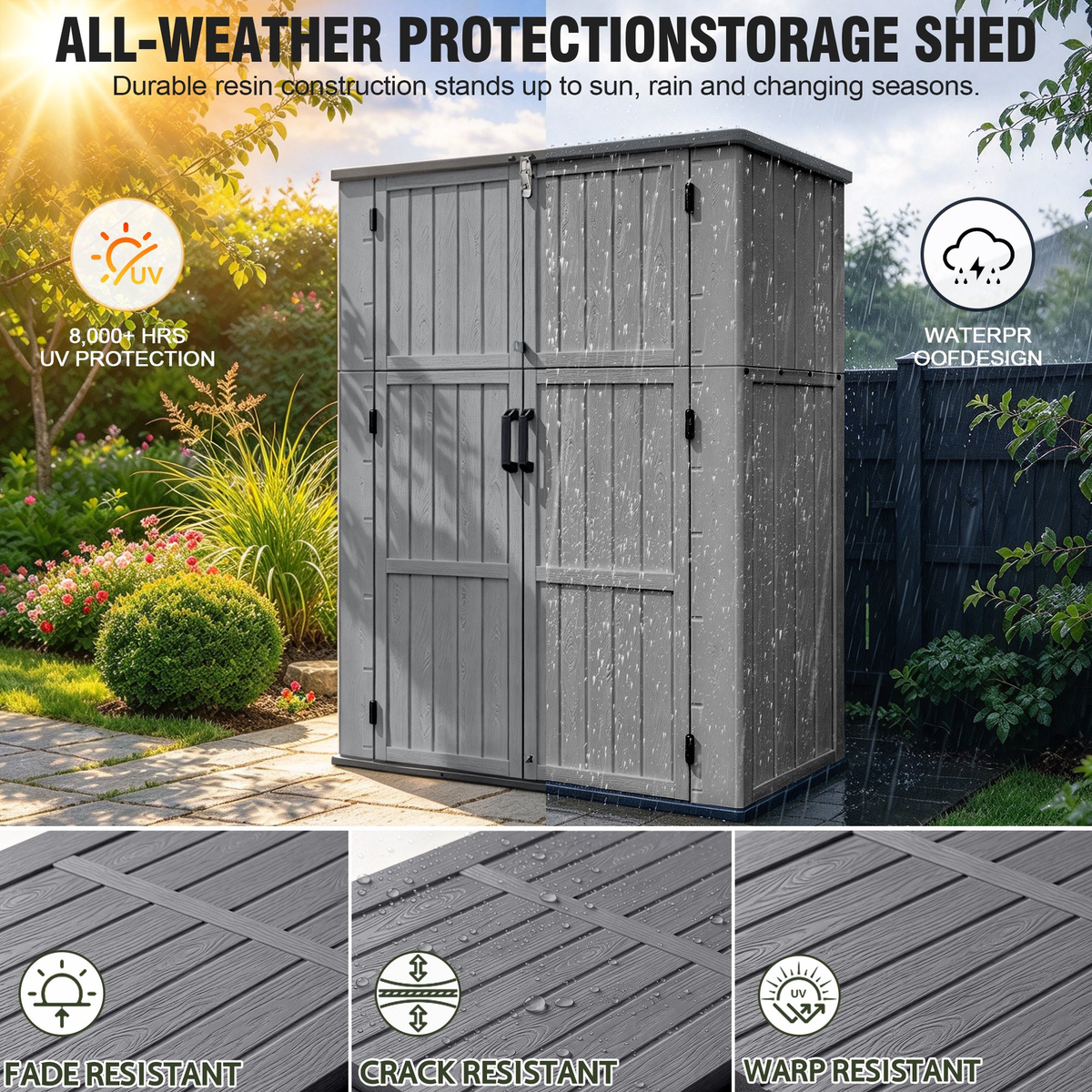 Sylviera 60 Cu.ft Resin Outdoor Storage Shed with Floor, Lockable Waterproof Vertical Cabinet for Patio, Garden Tools, Garbage Cans & Pool Supplies, Gray