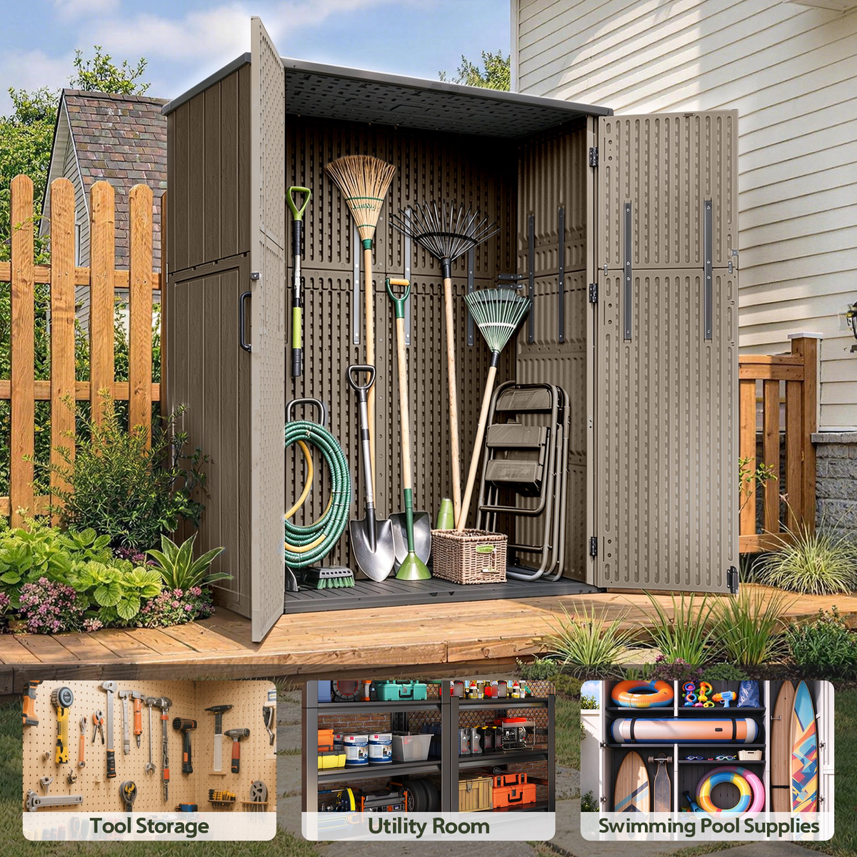 Sylviera 60 Cu.ft Resin Outdoor Storage Shed with Floor, Lockable Waterproof Vertical Cabinet for Patio, Garden Tools, Garbage Cans & Pool Supplies, Brown