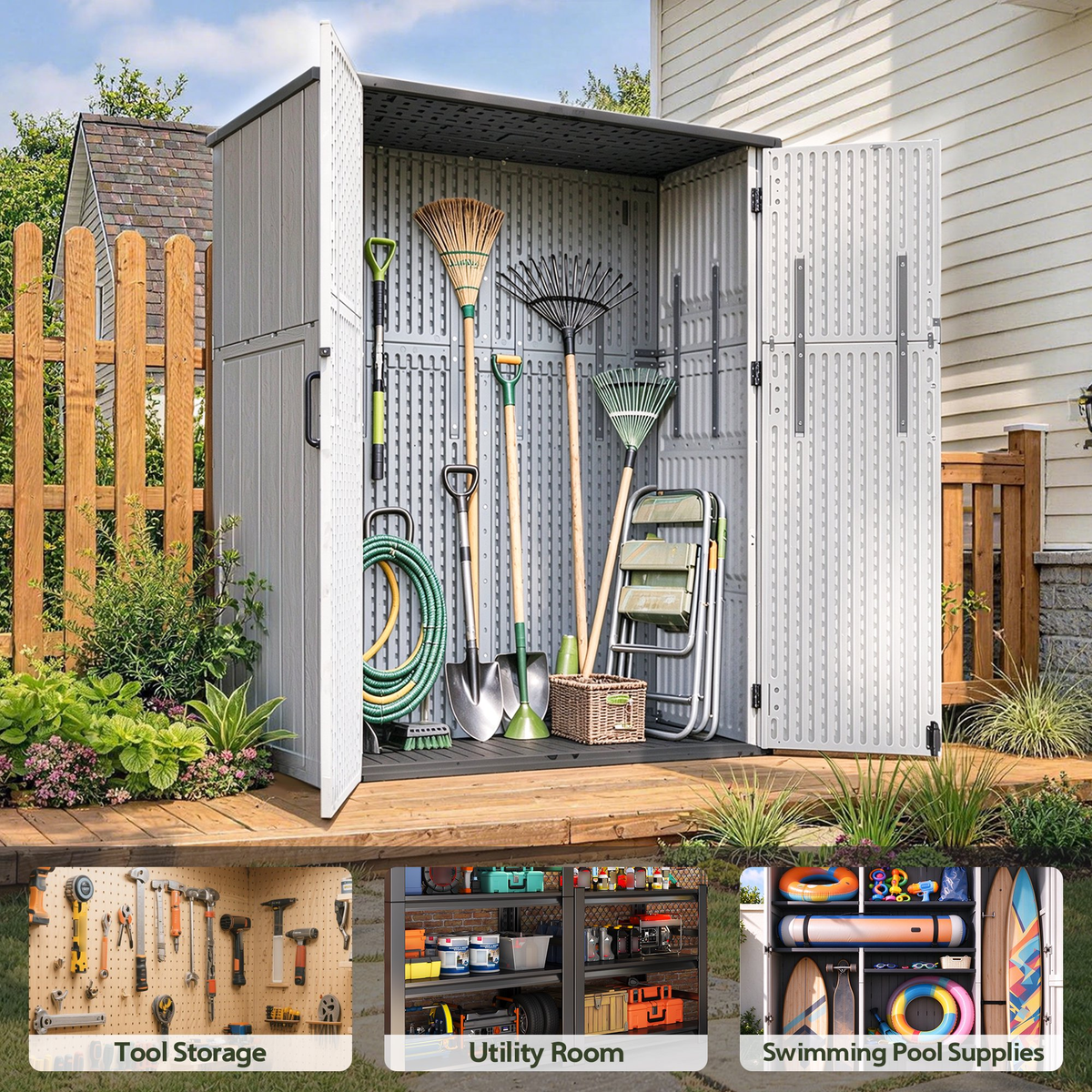 Sylviera 60 Cu.ft Resin Outdoor Storage Shed with Floor, Lockable Waterproof Vertical Cabinet for Patio, Garden Tools, Garbage Cans & Pool Supplies, White