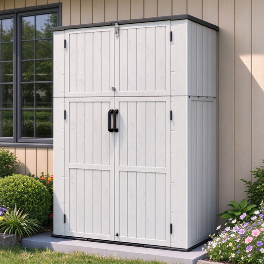 Sylviera 60 Cu.ft Resin Outdoor Storage Shed with Floor, Lockable Waterproof Vertical Cabinet for Patio, Garden Tools, Garbage Cans & Pool Supplies, White