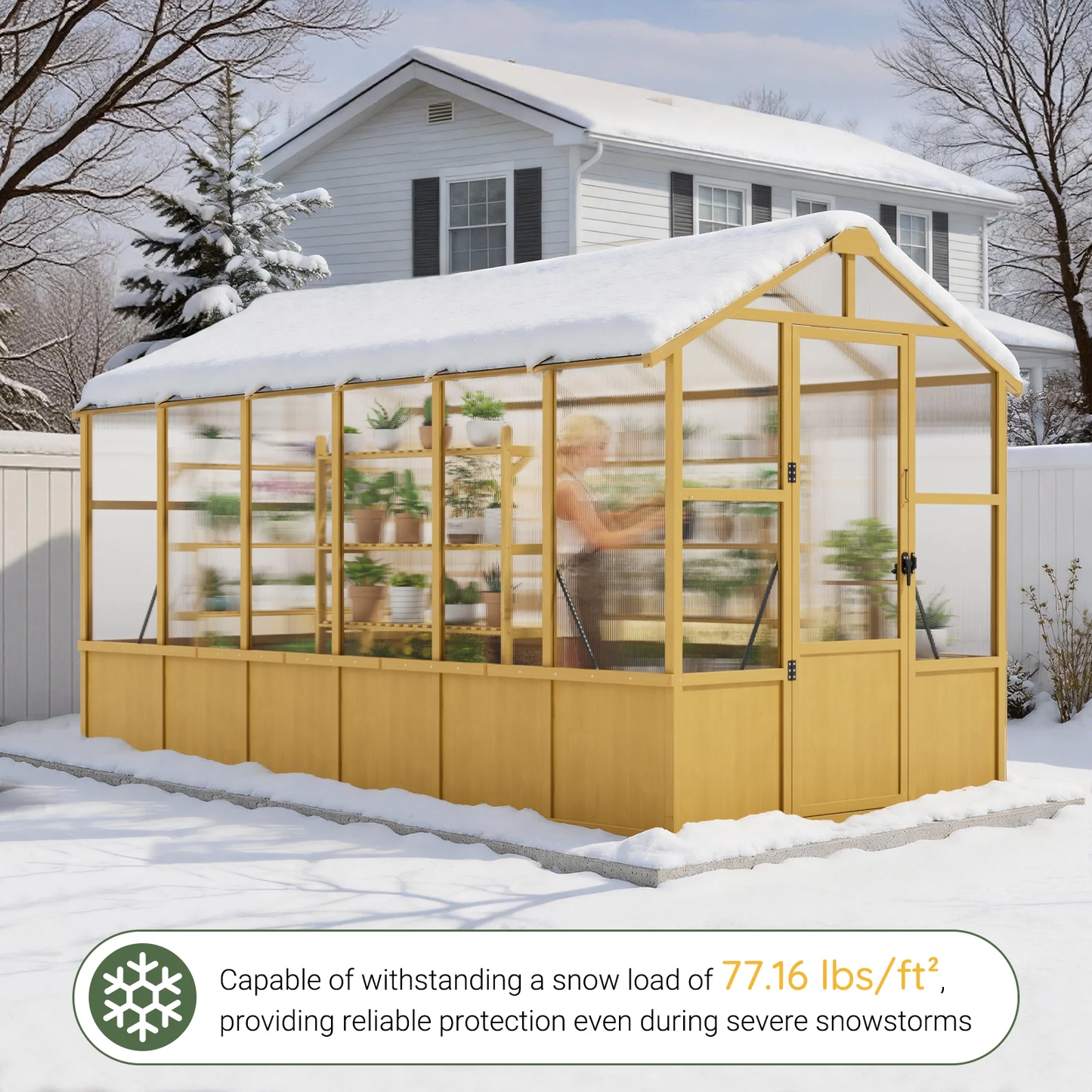Sylviera 6x12ft Wooden Greenhouse with Pine Wood Frame & Polycarbonate Panels, Walk-In Outdoor Greenhouse with Reinforced Roof, Lockable Door & Roof Vents for Backyard Garden