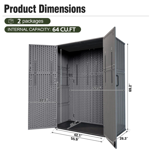 Sylviera 60 Cu.ft Resin Outdoor Storage Shed with Floor, Lockable Waterproof Vertical Cabinet for Patio, Garden Tools, Garbage Cans & Pool Supplies, Gray
