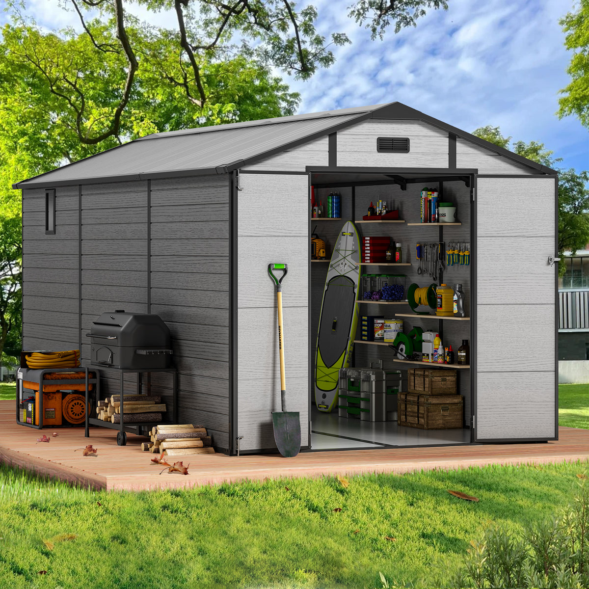 Sylviera 8x14FT Resin Shed with Floor, Weather-Resistant Plastic Garden Shed for Backyard, Waterproof UV-Proof Outdoor Storage Shed for Tools, Bikes & Equipment
