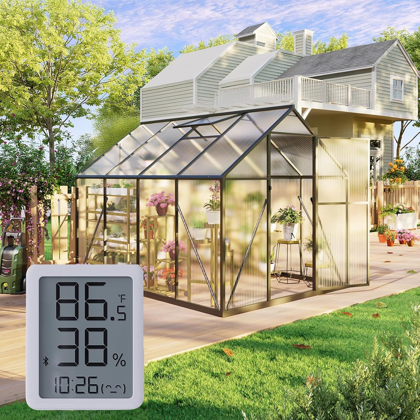 6×8FT Outdoor Walk-in Greenhouse with Thermometer Hygrometer, Heavy-Duty Polycarbonate Greenhouse with Reinforced Aluminum Frame for Garden, Backyard, or Winter Planting