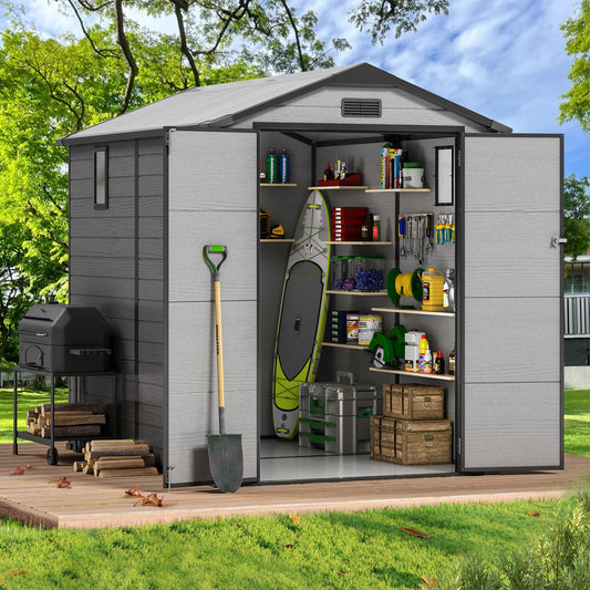 6x8FT Resin Outdoor Storage Shed with Floor, All-Weather Waterproof Plastic Garden Shed for Backyard, Heavy-Duty Storage Shed for Tools, Bikes & Lawn Equipment