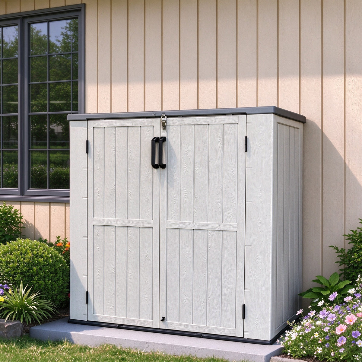 Sylviera 40 Cu.ft Vertical Resin Outdoor Storage Shed with Floor, No Partition Boards, Waterproof Lockable Tool Cabinet for Garden & Pool, Brown, White