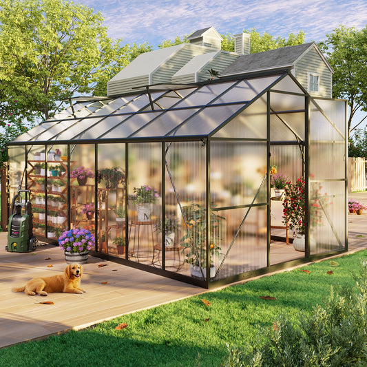 8×14FT Outdoor Walk-in Greenhouse, Heavy-Duty Polycarbonate Greenhouse with Reinforced Aluminum Frame for Garden, Backyard, or Winter Planting
