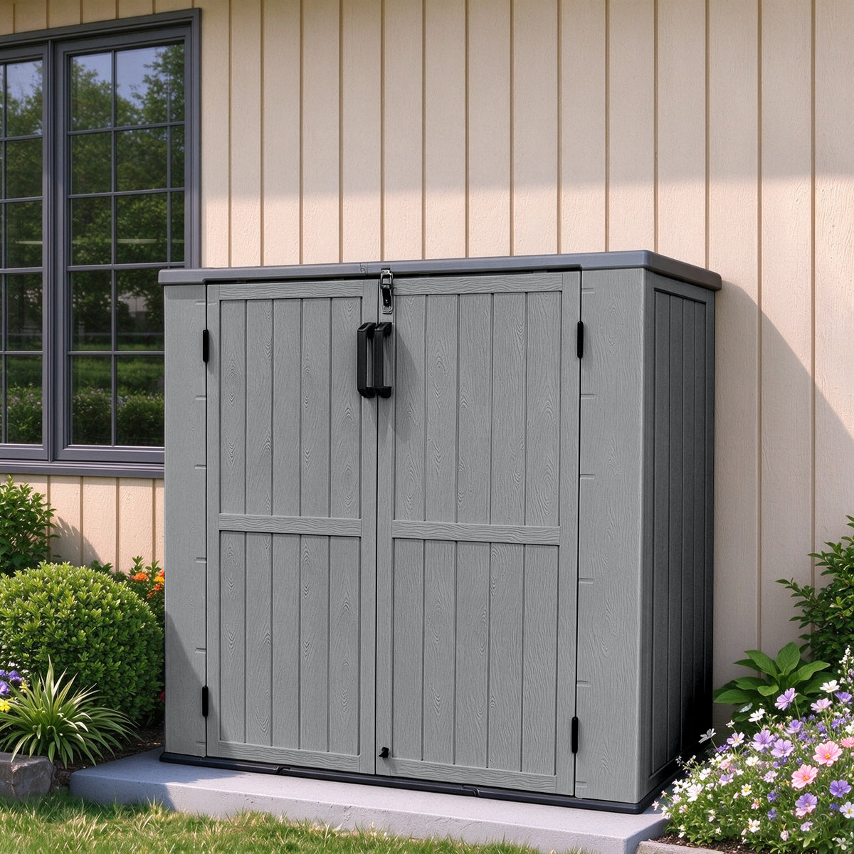 Sylviera 40 Cu.ft Vertical Resin Outdoor Storage Shed with Floor, No Partition Boards, Waterproof Lockable Tool Cabinet for Garden & Pool, Brown, Gray