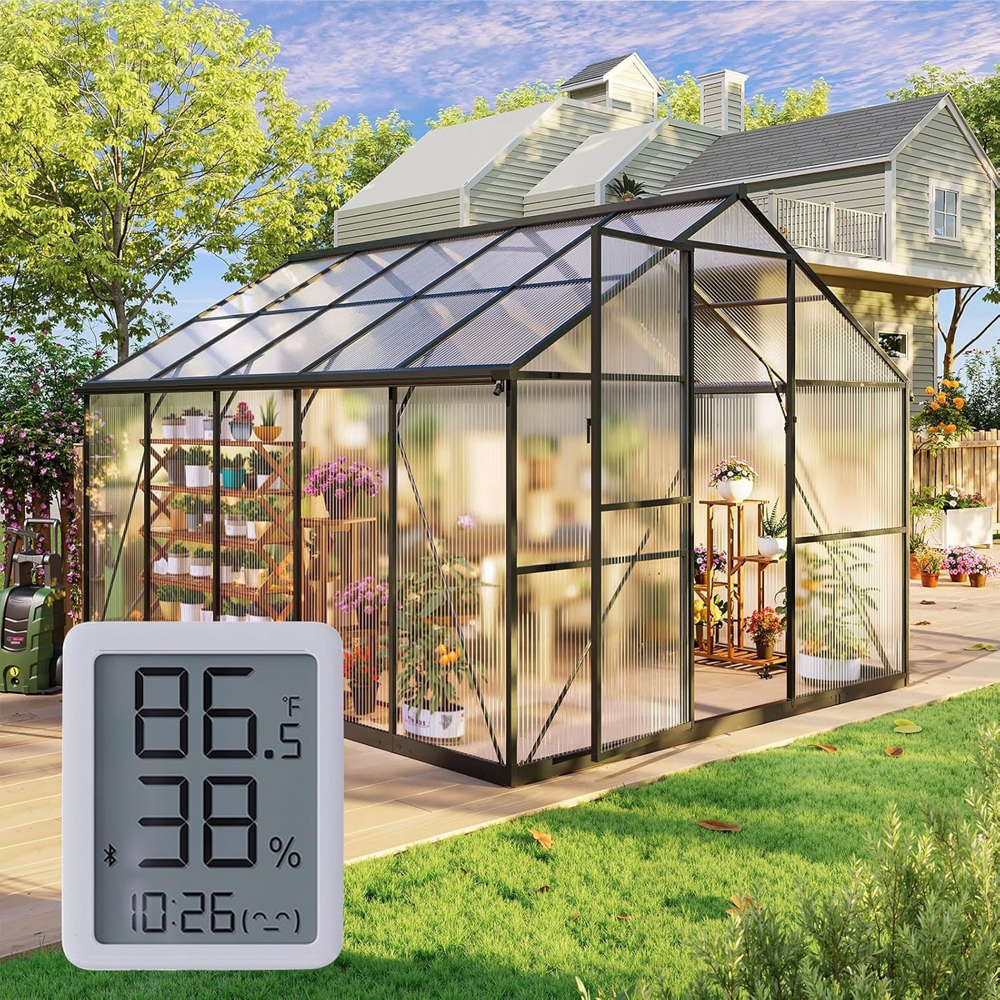 8×10FT Outdoor Walk-in Greenhouse with Thermometer Hygrometer, Heavy-Duty Polycarbonate Greenhouse with Reinforced Aluminum Frame for Garden, Backyard, or Winter Planting