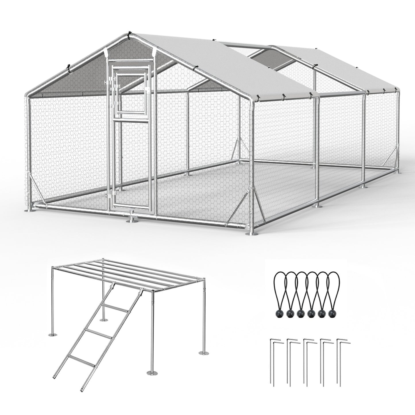 Metal Chicken Coop with Waterproof Cover, Large Metal Chicken Coop with Platform Ladder, Outdoor Chicken Run with Waterproof & UV-Resistant Cover, Reinforced Frame Pen for Chickens, Ducks & Small Pets, 9.8x19.7x6.4FT