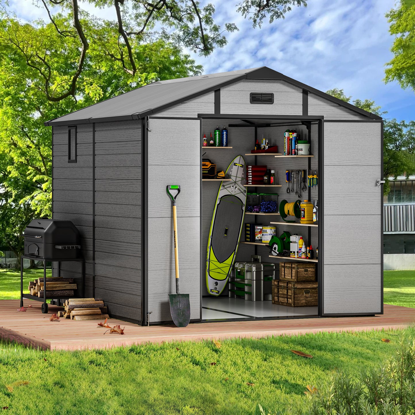 Sylviera 8×8 FT Resin Outdoor Storage Shed with Floor, Waterproof UV-Proof Plastic Garden Shed, Weather Resistant Backyard Storage for Tools & Bikes