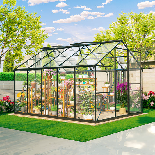 8x10FT Heavy-Duty Greenhouse with Reinforced Aluminum Frame & High-Transparency PC Panels, Walk-in Green House with Quick-Installation Structure for Outdoor Garden
