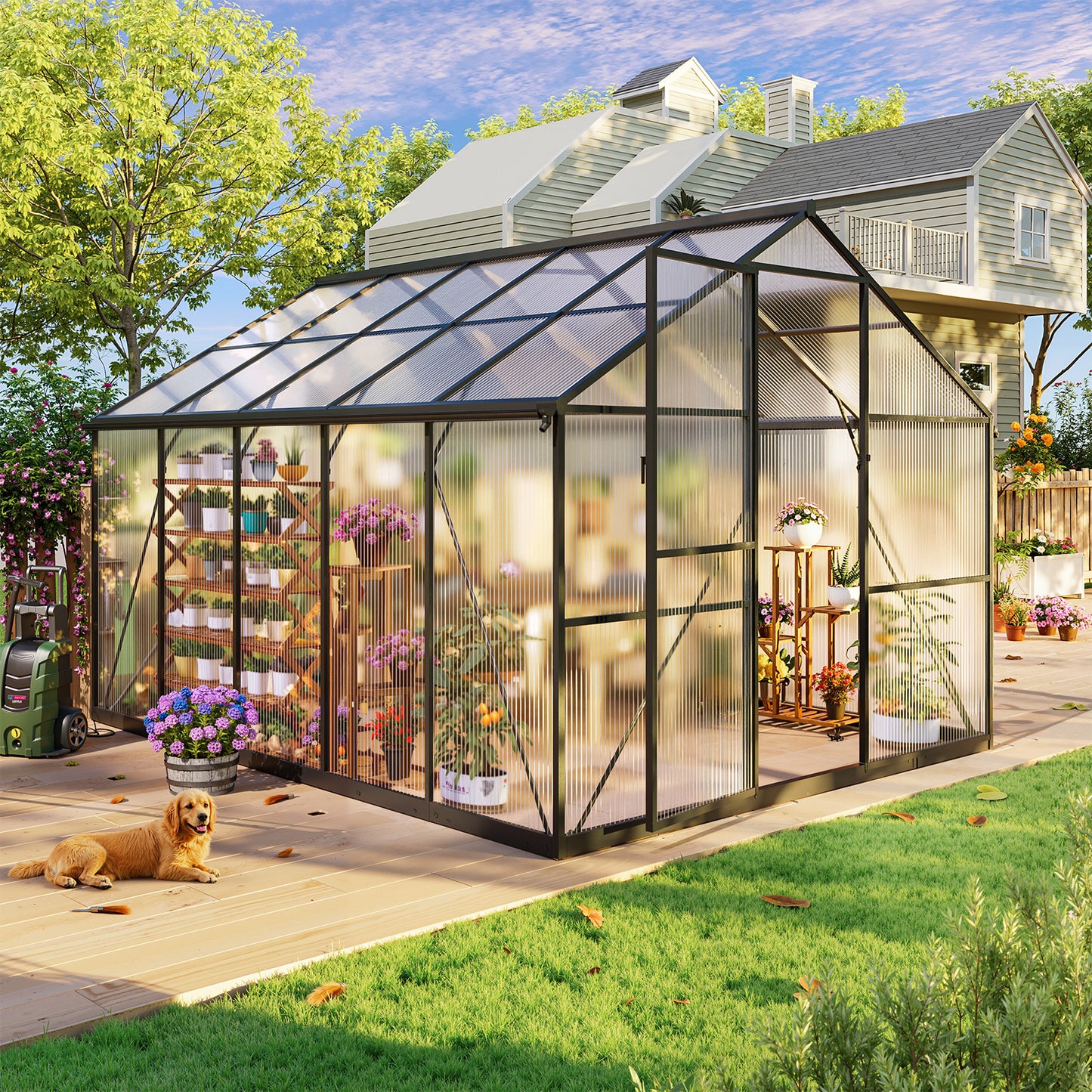 8×10FT Outdoor Walk-in Greenhouse, Heavy-Duty Polycarbonate Greenhouse with Reinforced Aluminum Frame for Garden, Backyard, or Winter Planting
