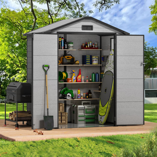 6x4FT Resin Outdoor Storage Shed with Floor, All-Weather Waterproof Plastic Garden Shed for Backyard, Heavy-Duty Storage Shed for Tools, Bikes & Lawn Equipment