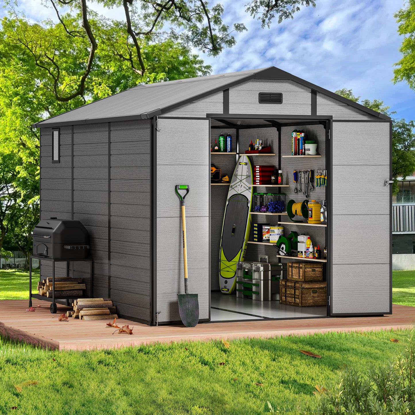 Sylviera 8×10 FT Resin Outdoor Storage Shed with Floor, Waterproof UV-Proof Plastic Garden Shed, Weather Resistant Backyard Storage for Tools & Bikes
