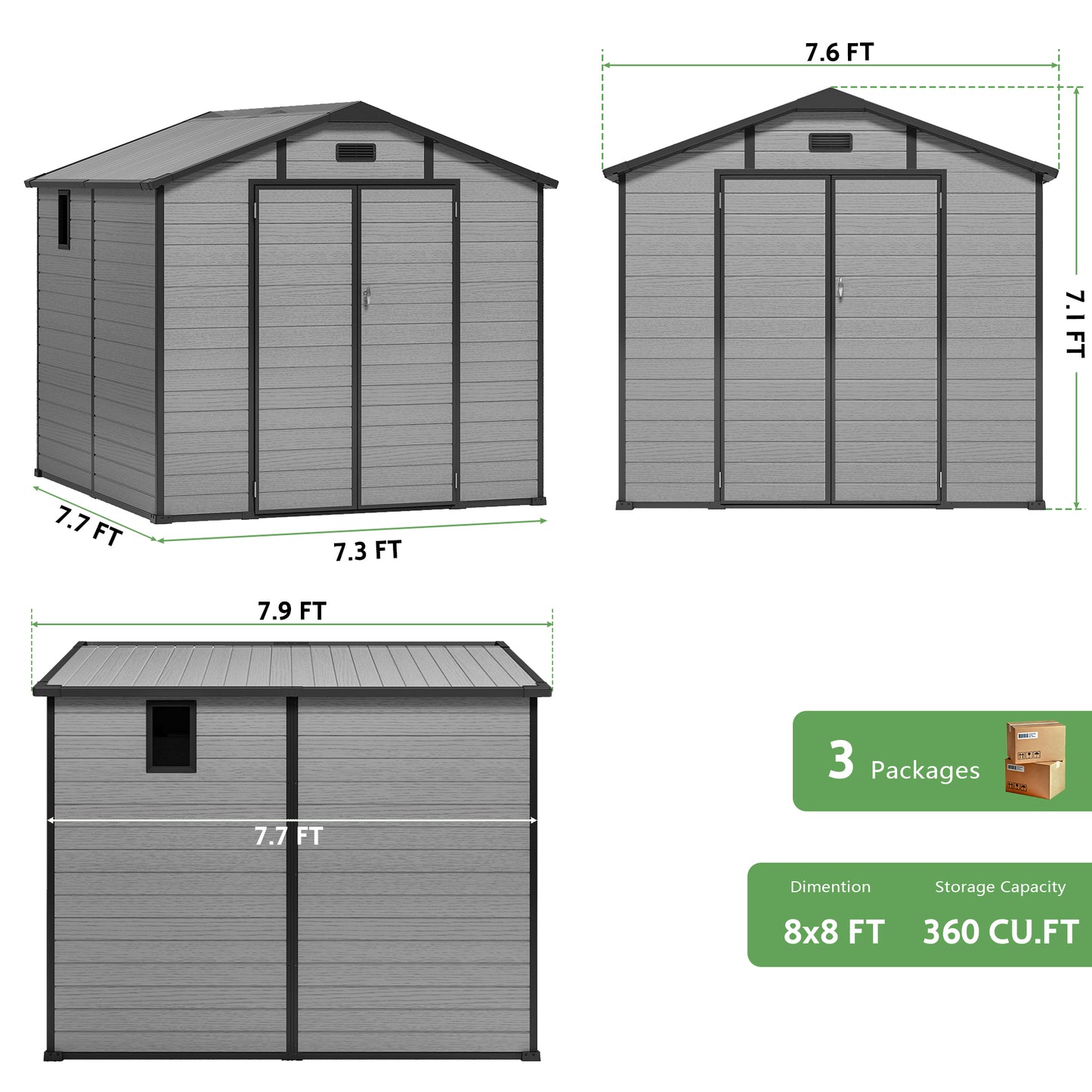 Sylviera 8×8 FT Resin Outdoor Storage Shed with Floor, Waterproof UV-Proof Plastic Garden Shed, Weather Resistant Backyard Storage for Tools & Bikes