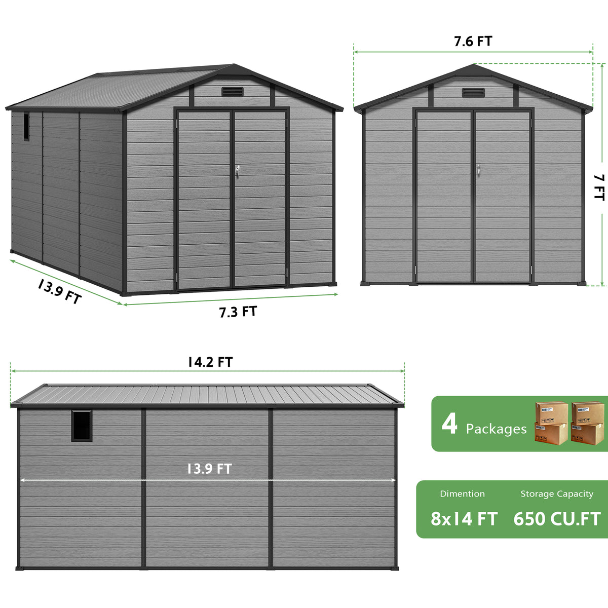 Sylviera 8x14FT Resin Shed with Floor, Weather-Resistant Plastic Garden Shed for Backyard, Waterproof UV-Proof Outdoor Storage Shed for Tools, Bikes & Equipment