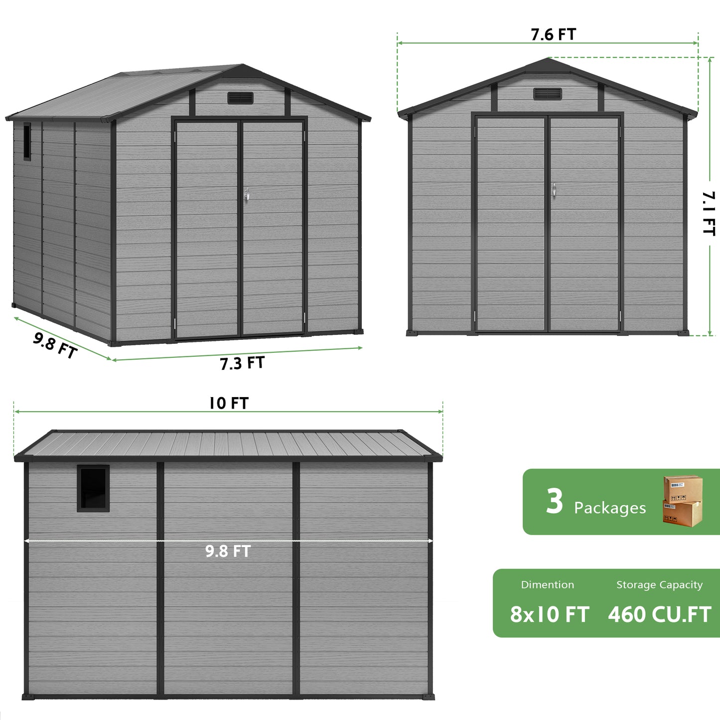 Sylviera 8×10 FT Resin Outdoor Storage Shed with Floor, Waterproof UV-Proof Plastic Garden Shed, Weather Resistant Backyard Storage for Tools & Bikes