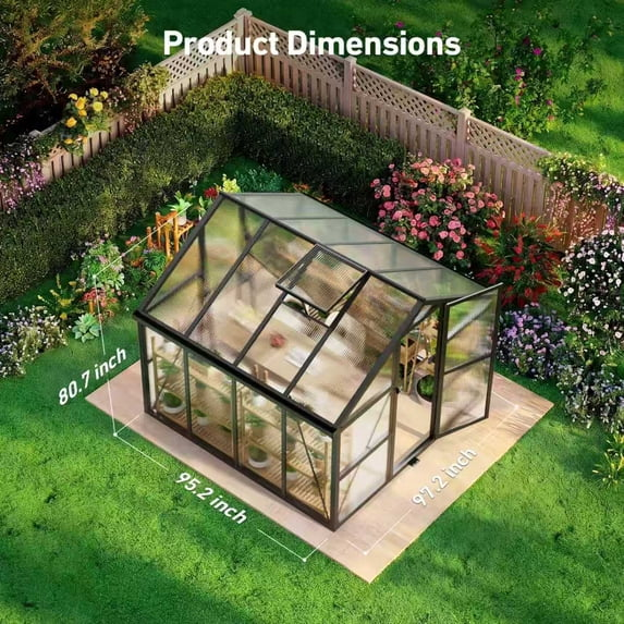 Sylviera 8x8ft Outdoor Walk-in Greenhouse with Thermometer Hygrometer, Heavy-Duty Polycarbonate Green House with Reinforced Aluminum Frame for Garden, Backyard, and Winter Planting
