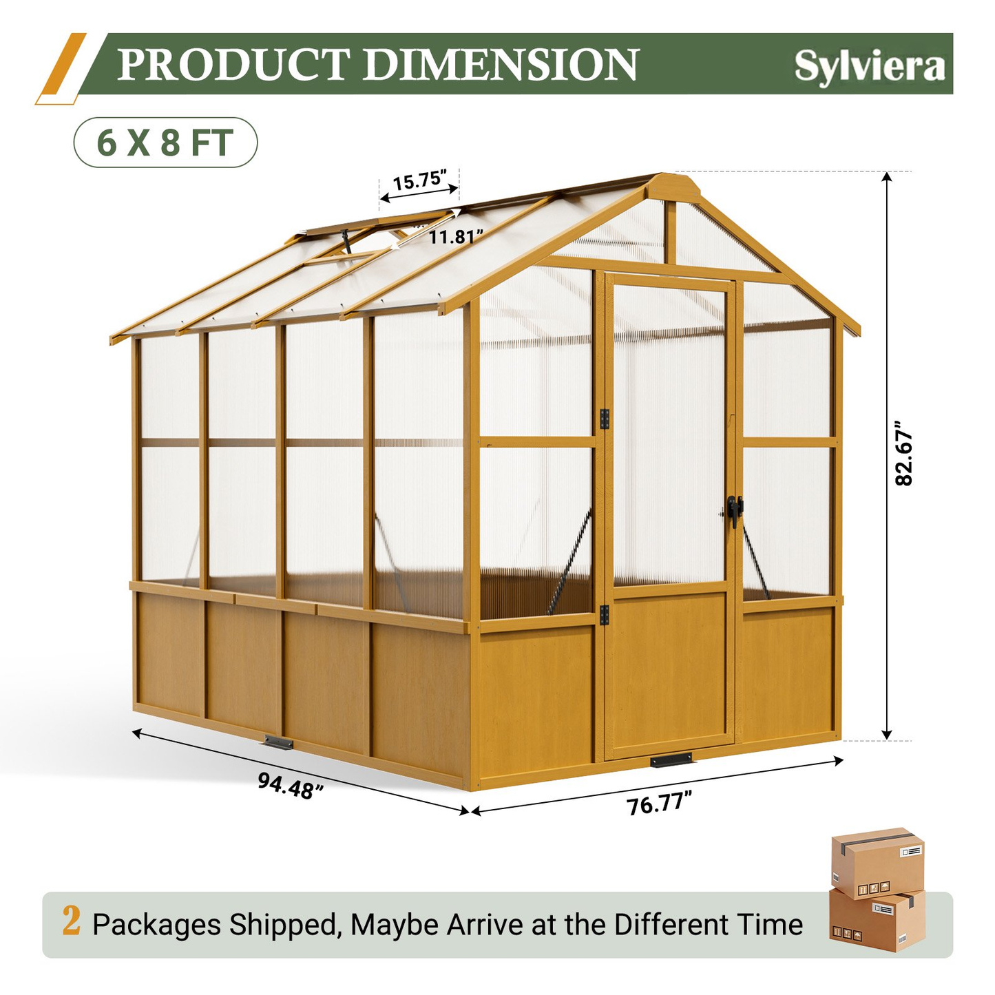 Sylviera 6x8ft Wooden Greenhouse with Pine Wood Frame & Polycarbonate Panels, Walk-In Outdoor Greenhouse with Reinforced Roof, Lockable Door & Roof Vents for Backyard Garden