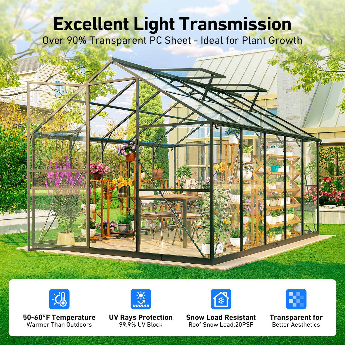 8x10FT Heavy-Duty Greenhouse with Reinforced Aluminum Frame & High-Transparency PC Panels, Walk-in Green House with Quick-Installation Structure for Outdoor Garden