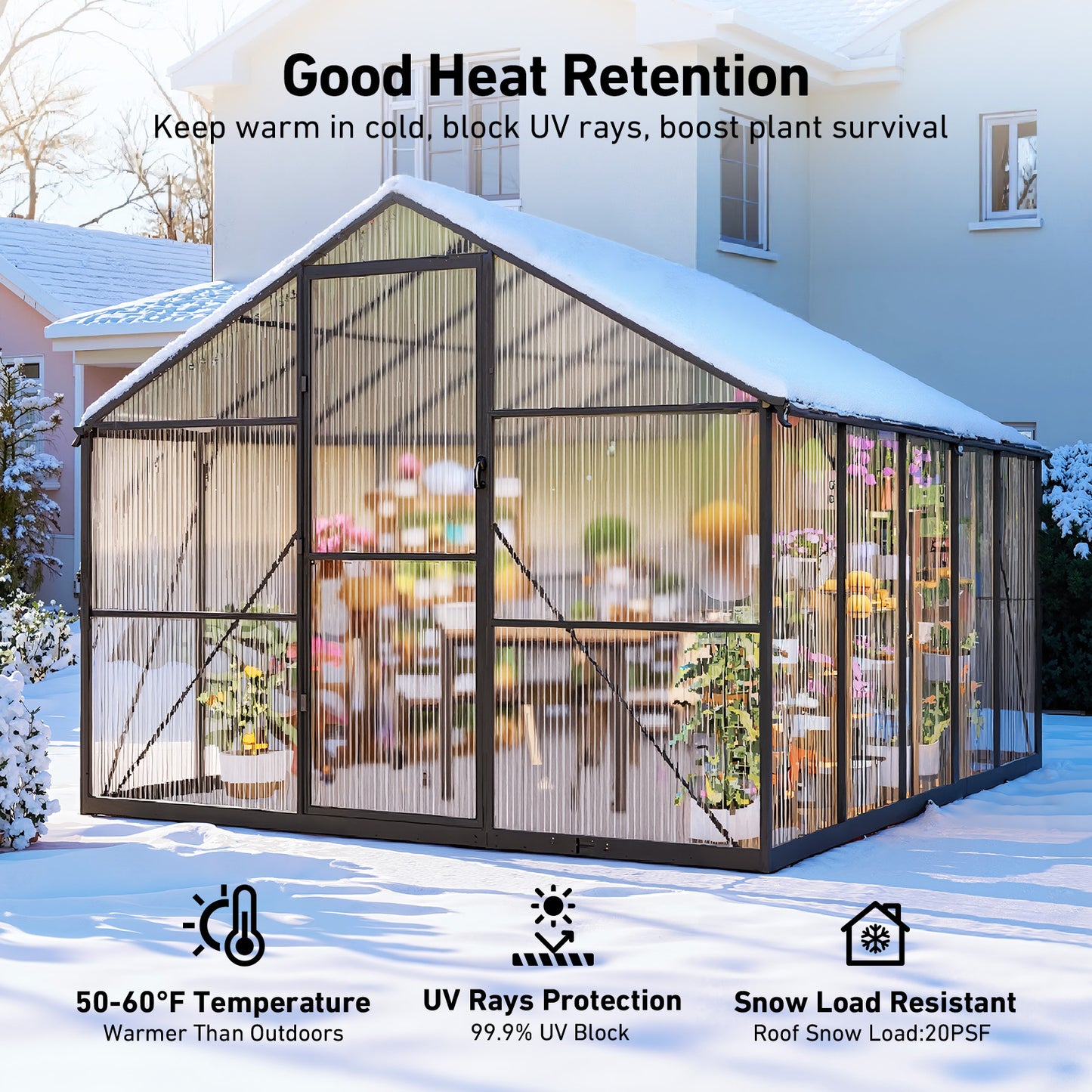 8×10FT Outdoor Walk-in Greenhouse with Thermometer Hygrometer, Heavy-Duty Polycarbonate Greenhouse with Reinforced Aluminum Frame for Garden, Backyard, or Winter Planting