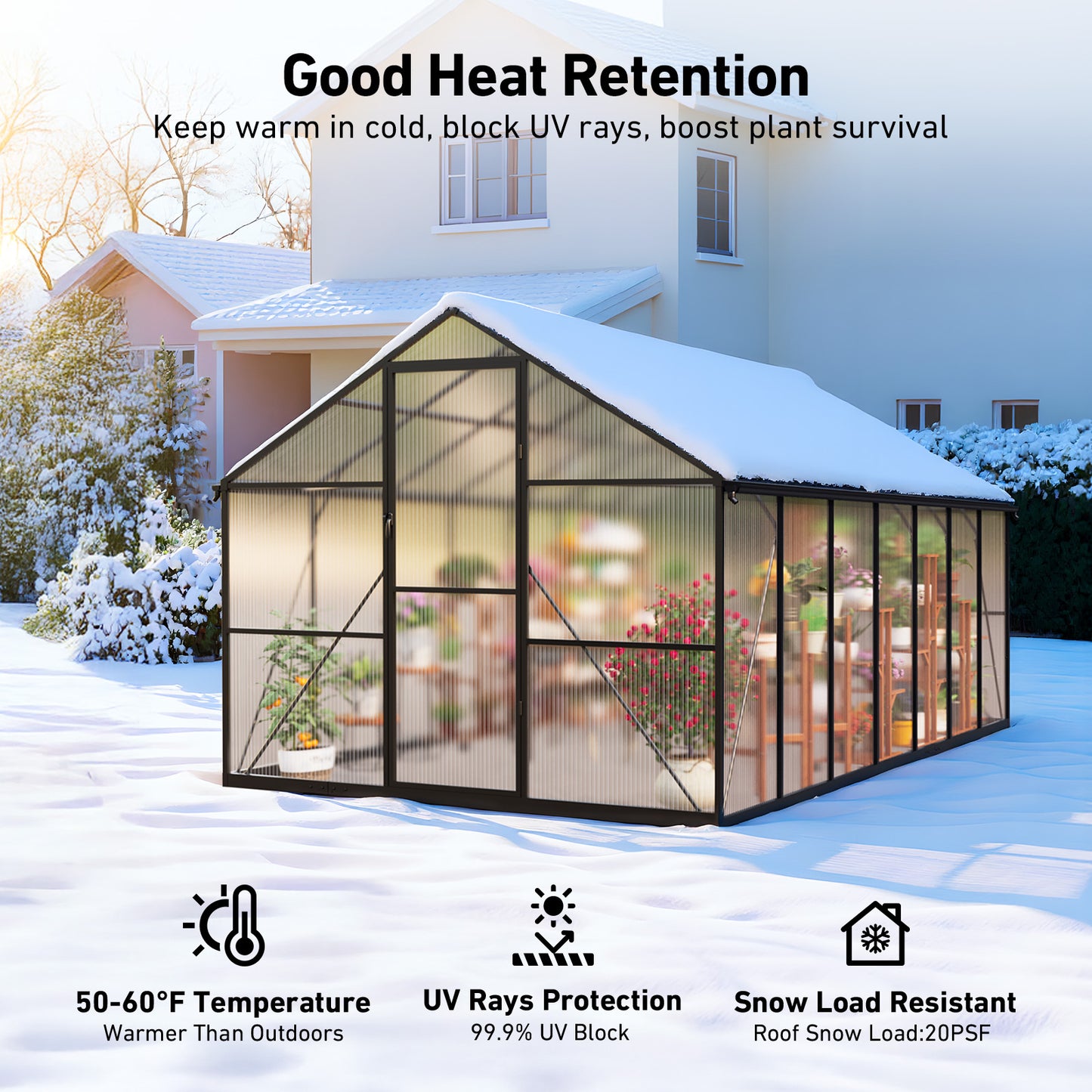8×14FT Outdoor Walk-in Greenhouse, Heavy-Duty Polycarbonate Greenhouse with Reinforced Aluminum Frame for Garden, Backyard, or Winter Planting