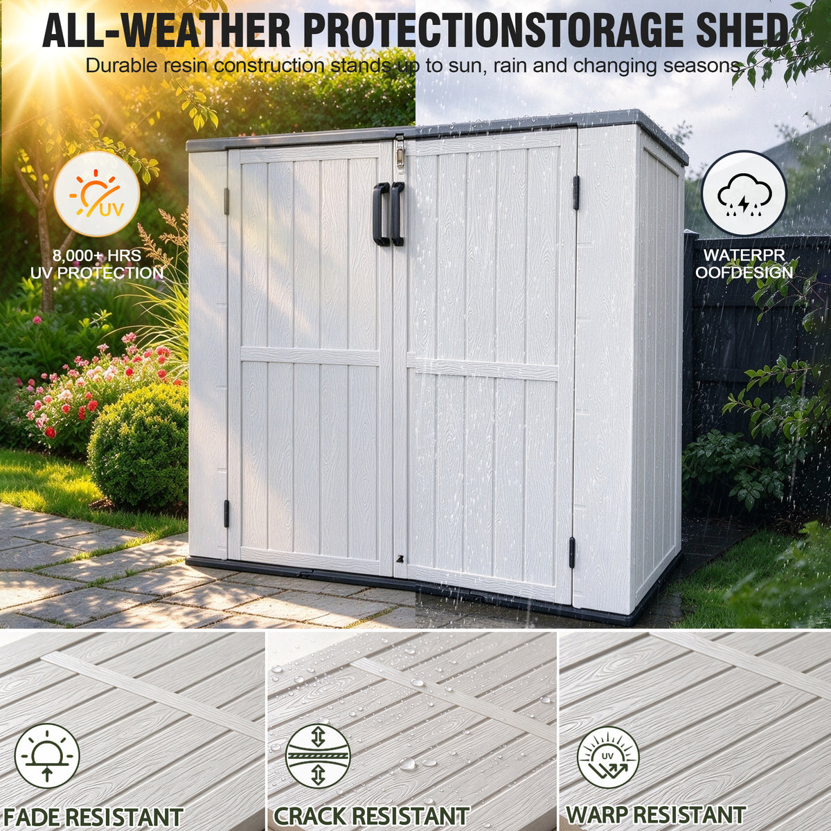 Sylviera 40 Cu.ft Vertical Resin Outdoor Storage Shed with Floor, No Partition Boards, Waterproof Lockable Tool Cabinet for Garden & Pool, Brown, White