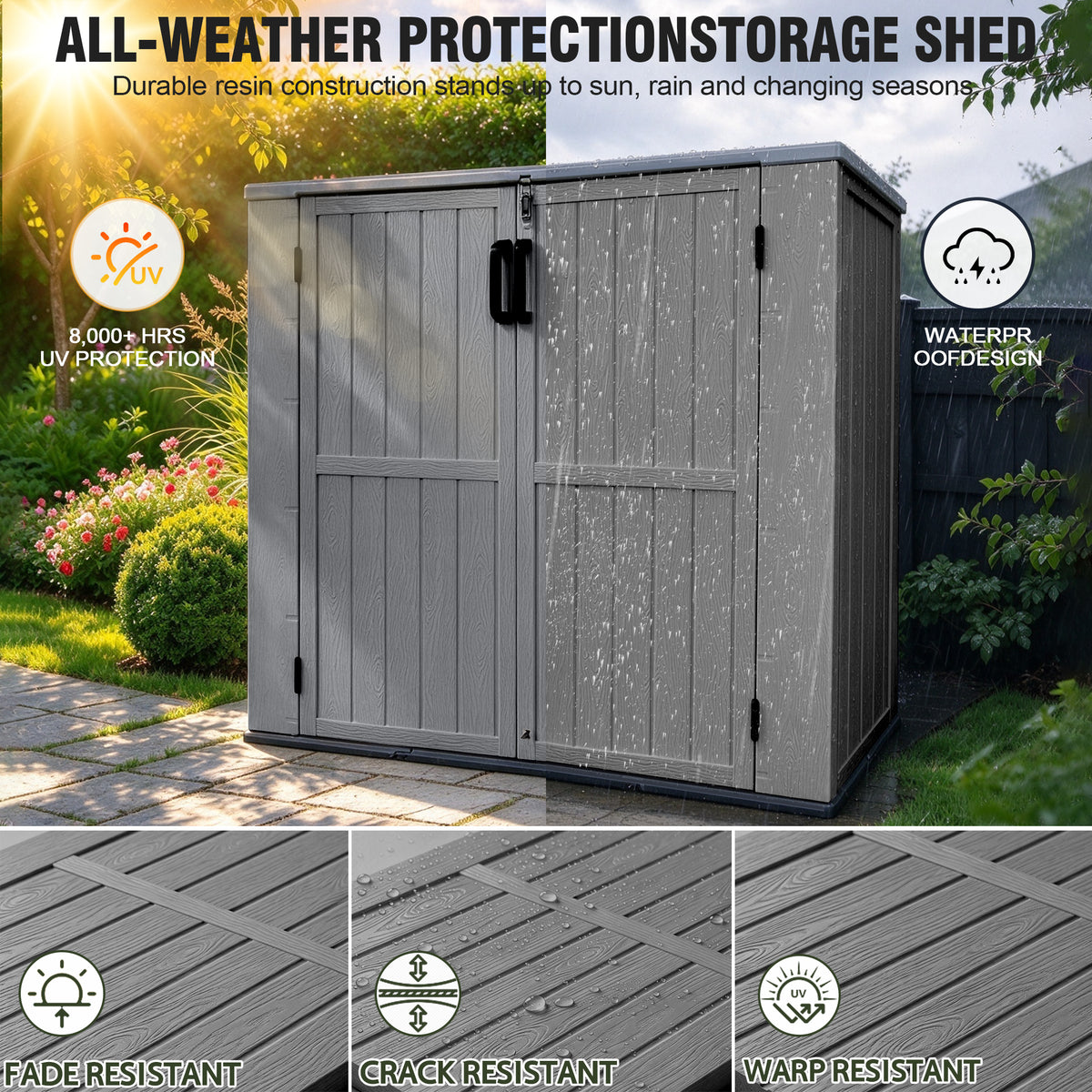 Sylviera 40 Cu.ft Vertical Resin Outdoor Storage Shed with Floor, No Partition Boards, Waterproof Lockable Tool Cabinet for Garden & Pool, Brown, Gray