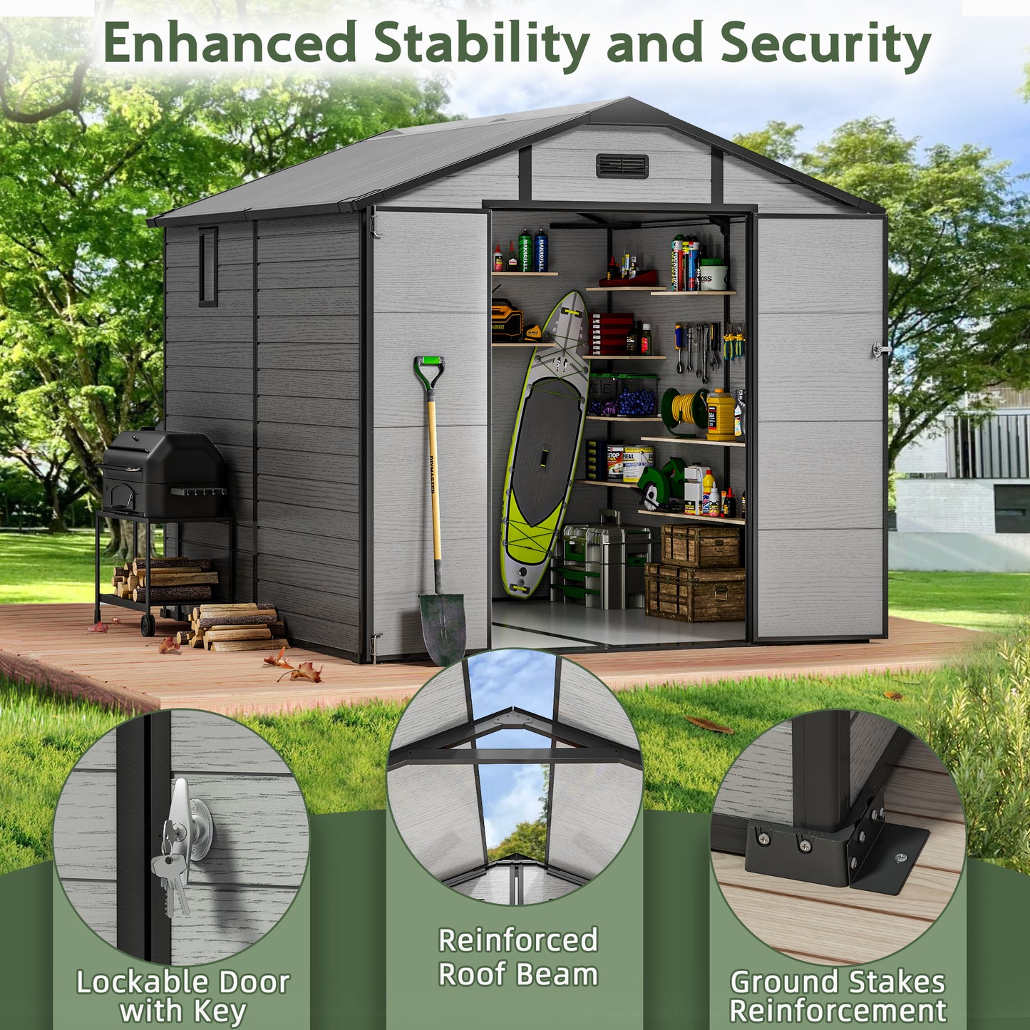 Sylviera 8×8 FT Resin Outdoor Storage Shed with Floor, Waterproof UV-Proof Plastic Garden Shed, Weather Resistant Backyard Storage for Tools & Bikes