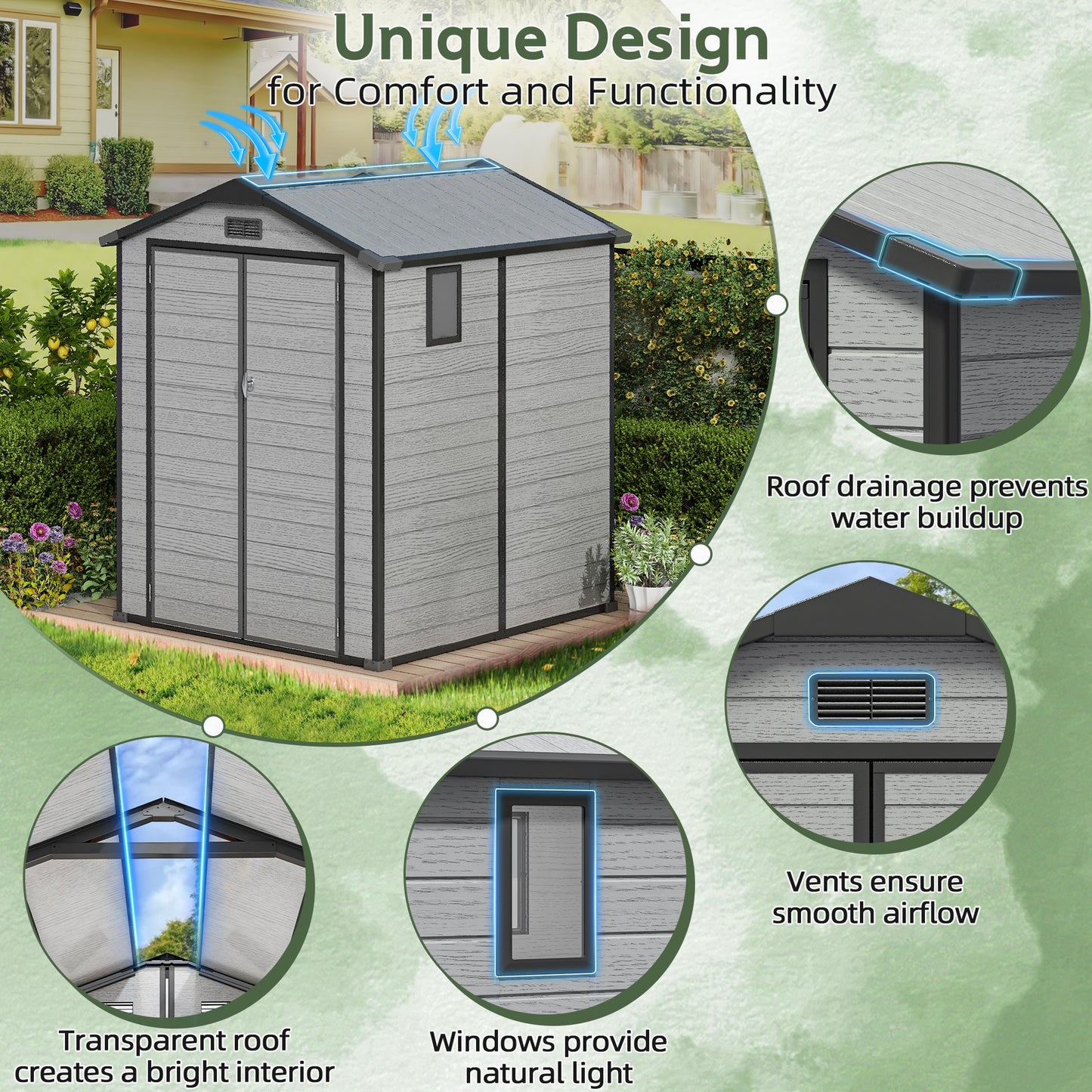 6x6FT Resin Outdoor Storage Shed with Floor, All-Weather Waterproof Plastic Garden Shed for Backyard, Heavy-Duty Storage Shed for Tools, Bikes & Lawn Equipment