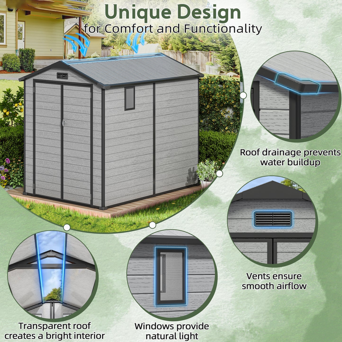 6x8FT Resin Outdoor Storage Shed with Floor, All-Weather Waterproof Plastic Garden Shed for Backyard, Heavy-Duty Storage Shed for Tools, Bikes & Lawn Equipment