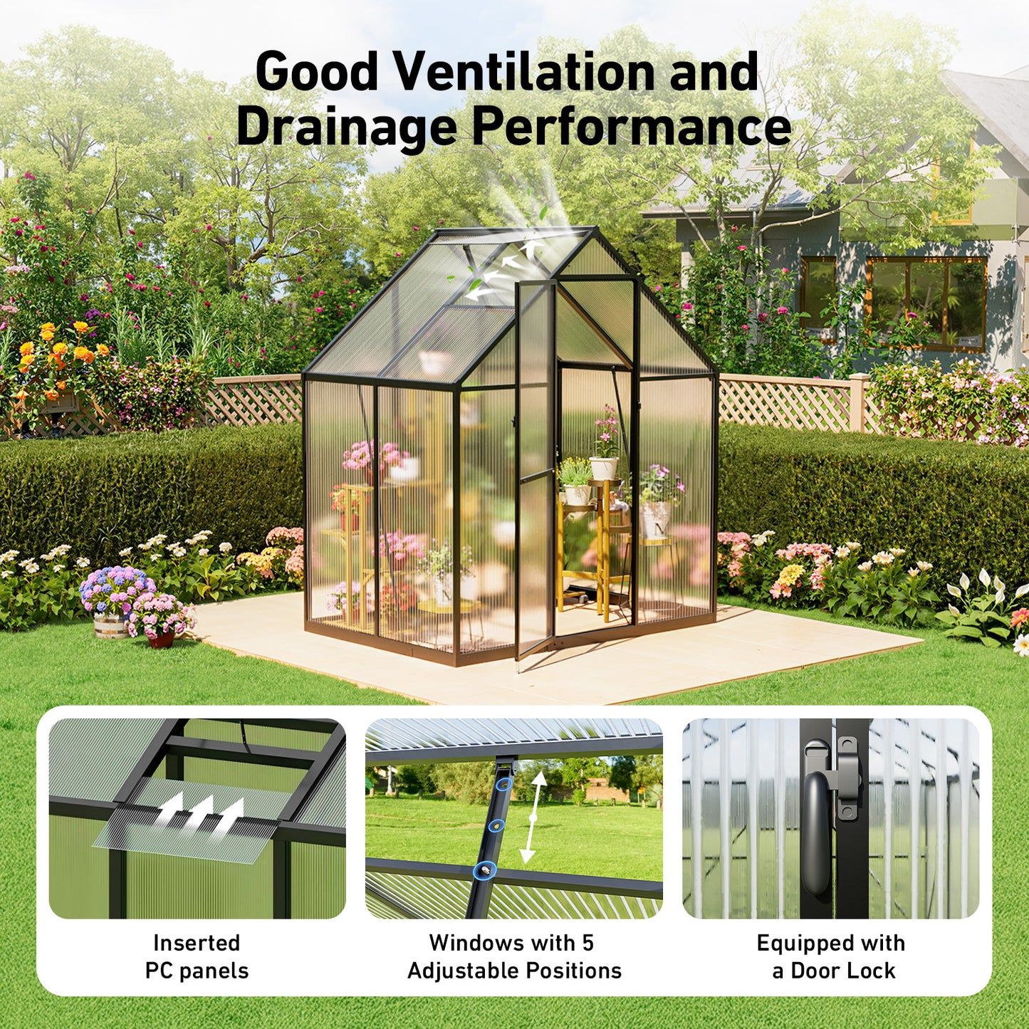 6×4FT Outdoor Walk-in Greenhouse with Thermometer Hygrometer, Heavy-Duty Polycarbonate Greenhouse with Reinforced Aluminum Frame for Garden, Backyard, or Winter Planting