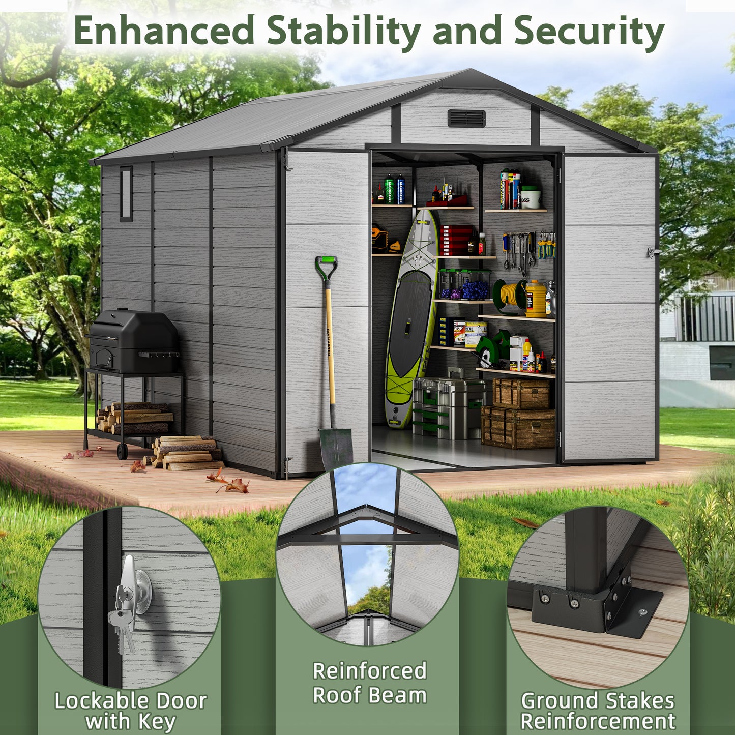 Sylviera 8×10 FT Resin Outdoor Storage Shed with Floor, Waterproof UV-Proof Plastic Garden Shed, Weather Resistant Backyard Storage for Tools & Bikes