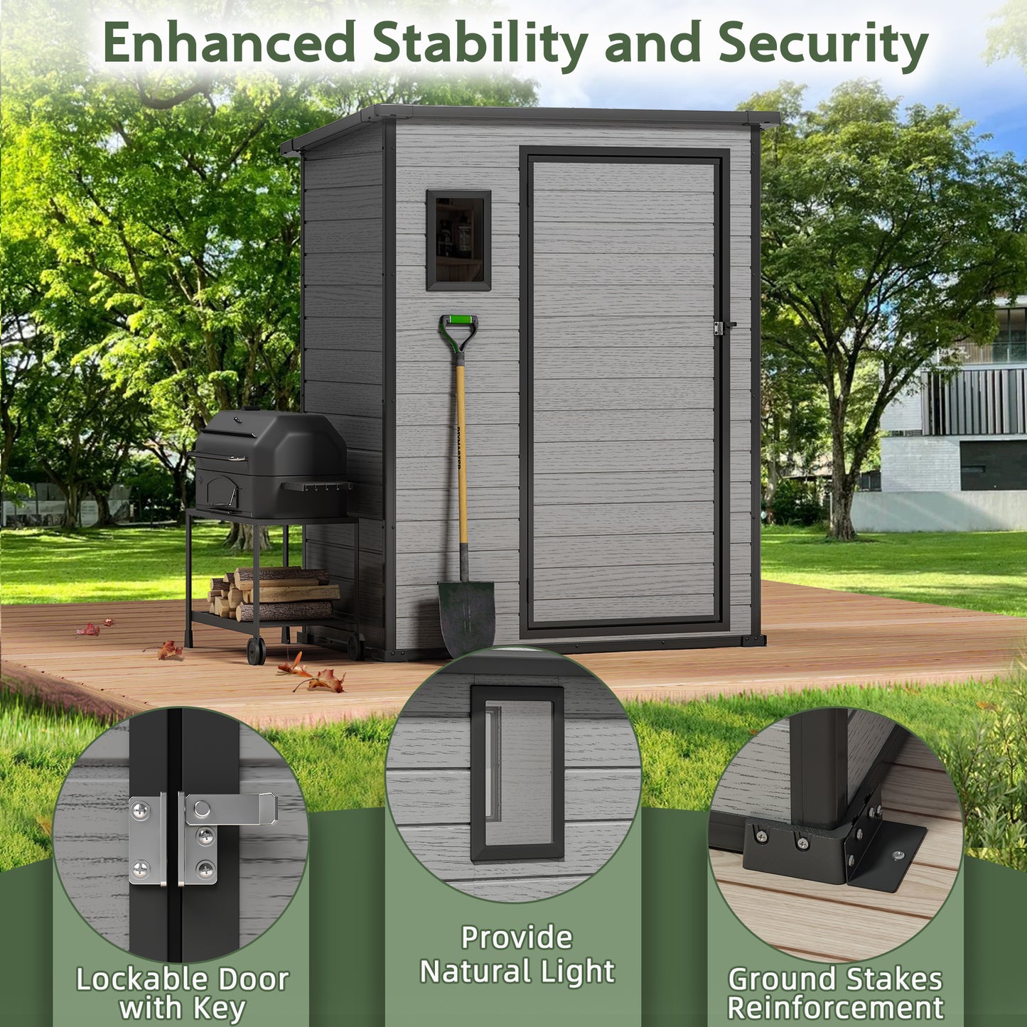 Sylviera 5×3 FT Resin Outdoor Storage Shed with Floor, Waterproof UV-Proof Plastic Garden Shed, Weather Resistant Backyard Storage for Tools & Bikes