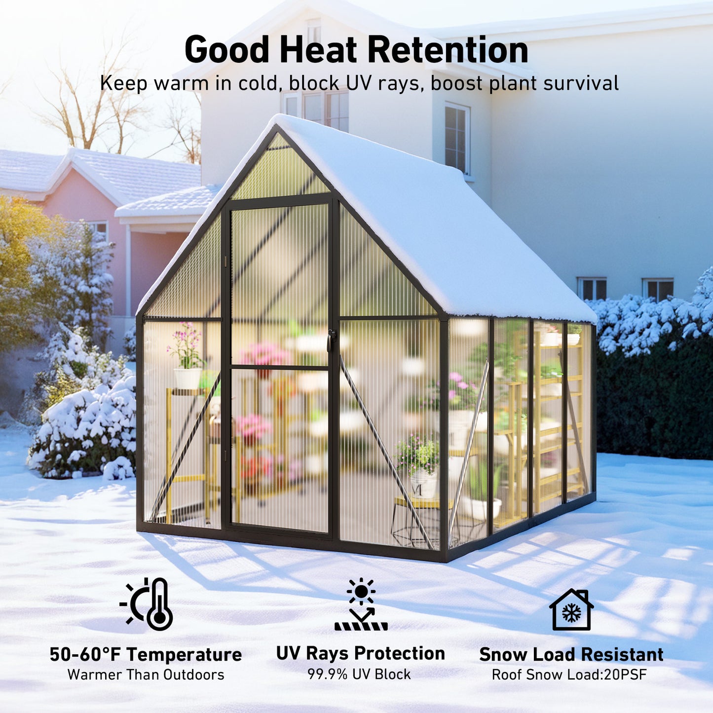 6×8FT Outdoor Walk-in Greenhouse with Thermometer Hygrometer, Heavy-Duty Polycarbonate Greenhouse with Reinforced Aluminum Frame for Garden, Backyard, or Winter Planting
