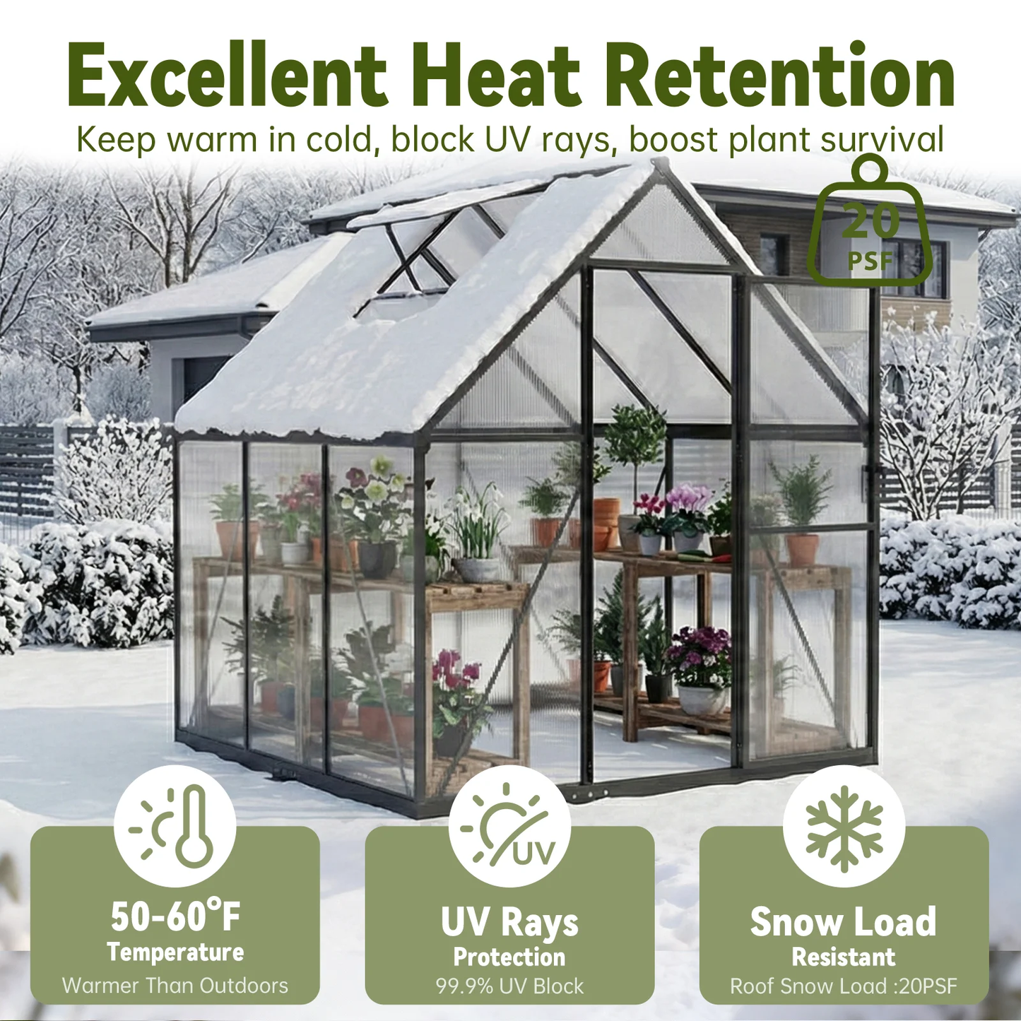 Sylviera 6x6ft Outdoor Walk-in Greenhouse with Thermometer Hygrometer, Heavy-Duty Polycarbonate Green House with Reinforced Aluminum Frame for Garden, Backyard, and Winter Planting