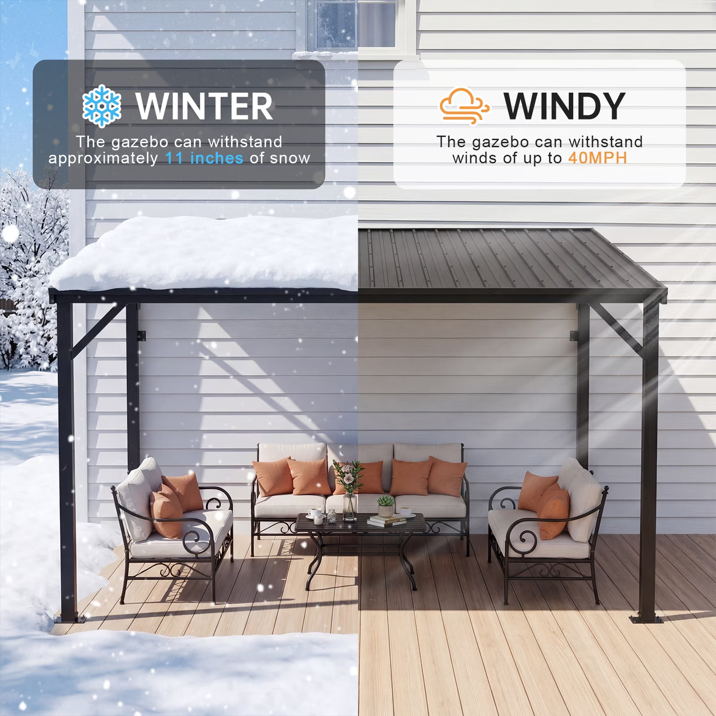 Sylviera 10'x12' Lean-to Hardtop Gazebo, Wall Mount Reinforced Metal Frame, UV Roof, Drainage Channel, Wind Snow Resistant Shelter for Backyard Porch Deck Patio